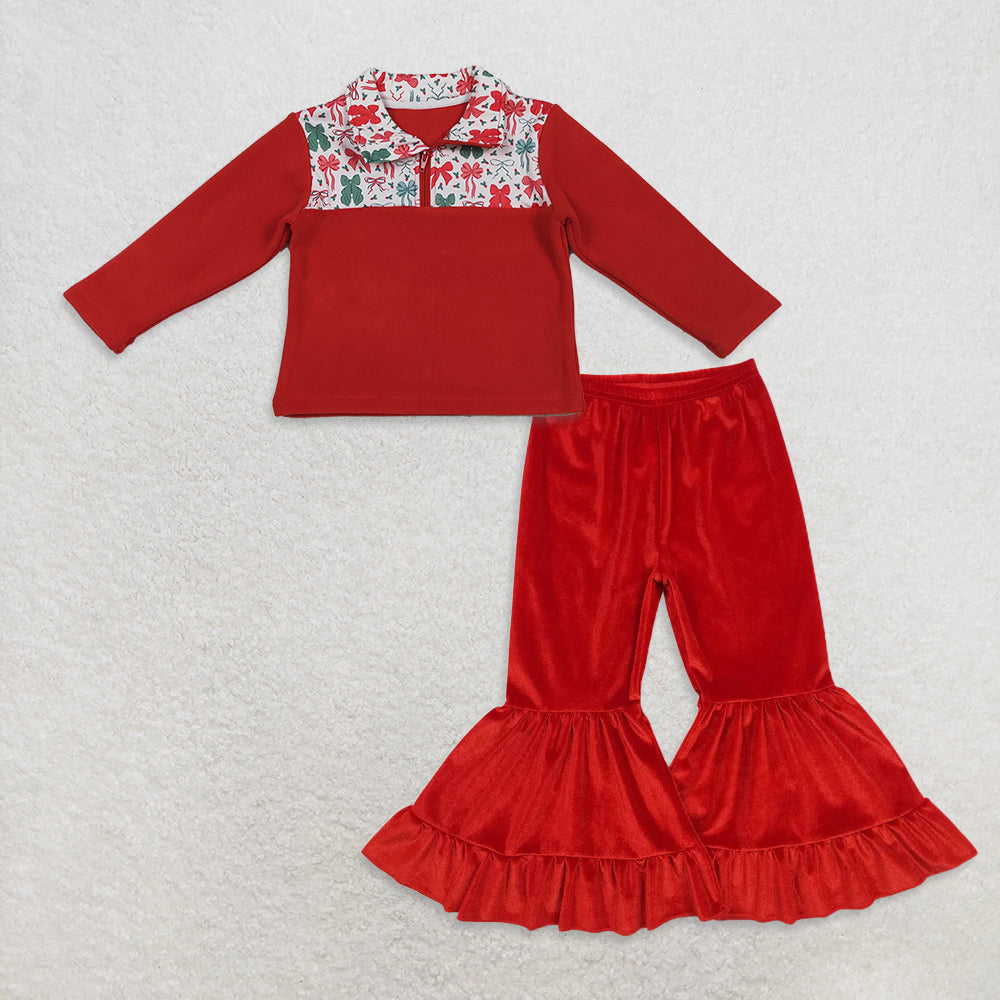 RTS NO MOQ(In Stock) GT1150+P0417 Red and Green Bow Pattern Plush Zippered Long-Sleeved Top Red Lace Pants sets