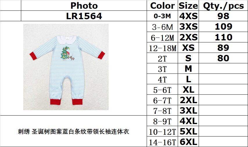rts no moq LR1564 Embroidered Christmas tree pattern blue and white striped collar long-sleeved jumpsuit