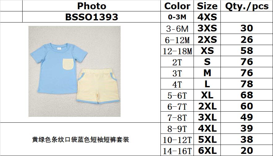RTS NO MOQ BSSO1393 Yellow-green striped pocket blue short-sleeved shorts set