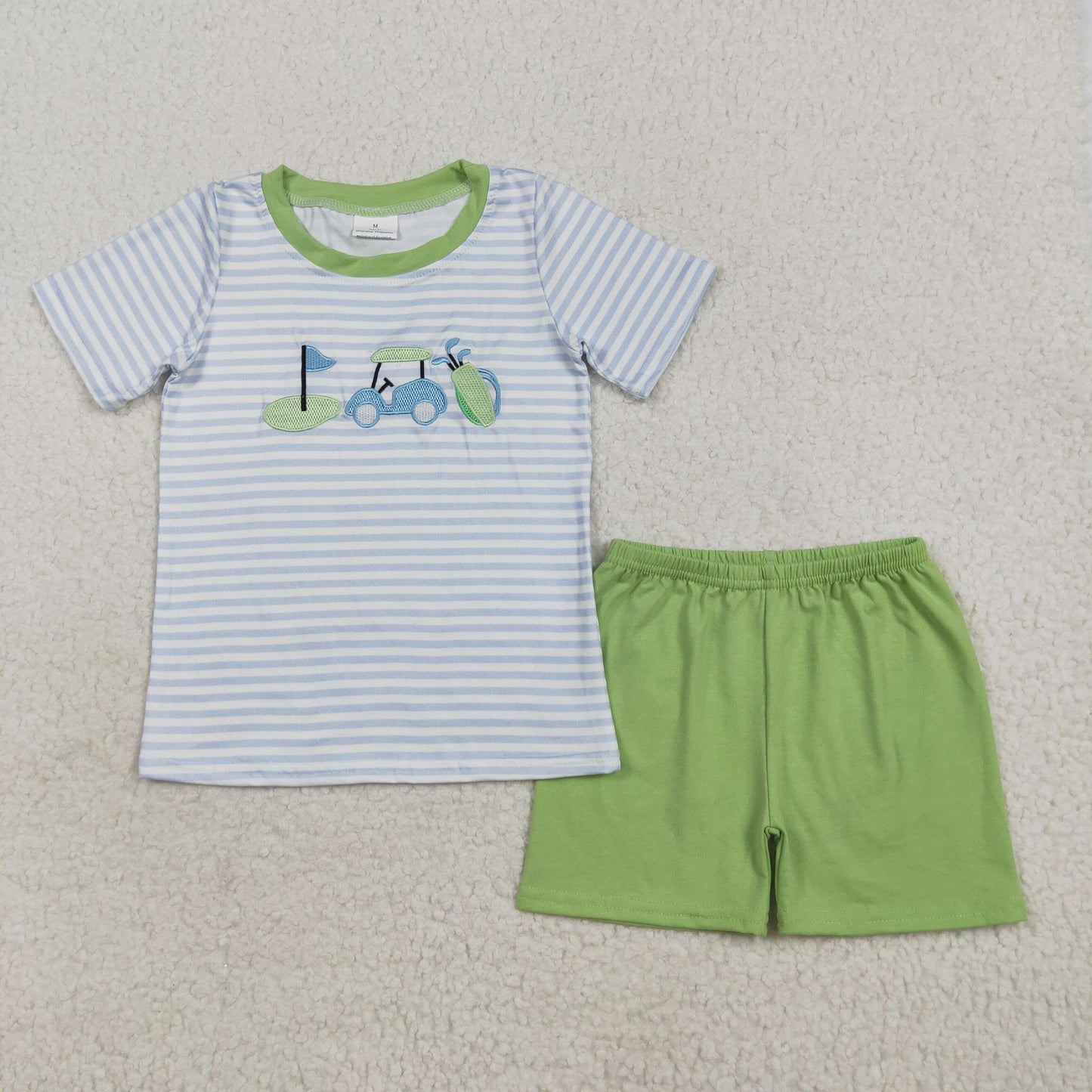 RTS NO MOQ(In Stock) BSSO1504 Embroidered golf cart flag blue and white striped short-sleeved green shorts set