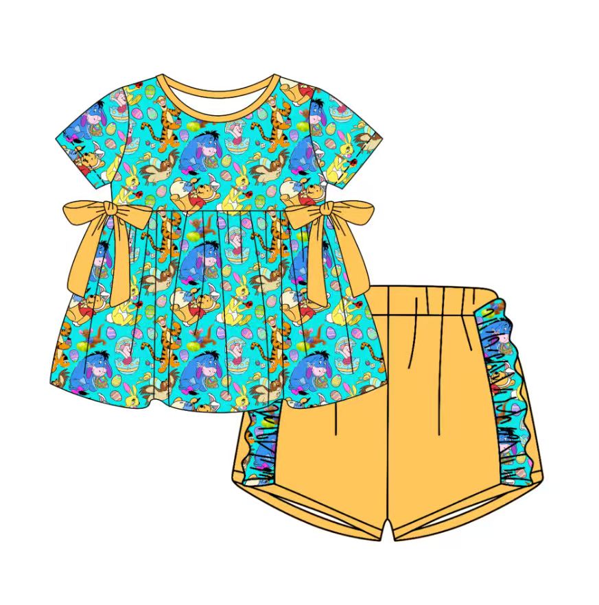 Custom moq 5 mix size milk silk baby girl clothes cartoon short sleeve shorts sets and pants sets