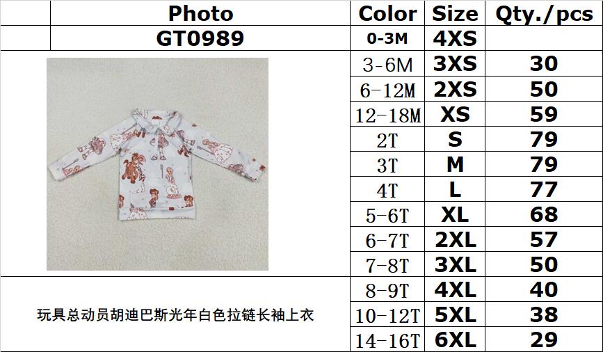 RTS NO MOQ GT0989 Toy Story Woody Buzz Lightyear white zipper long-sleeved top