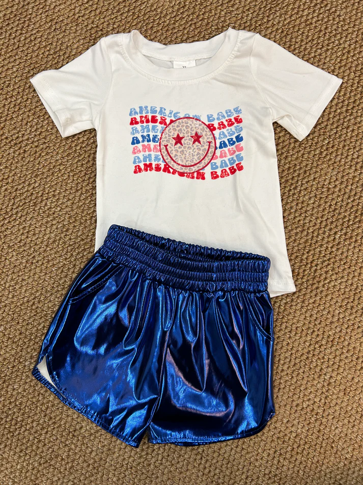 RTS NO MOQ GT0502+SS0409 American babe leopard smiley face white short-sleeved top Glossy leather shorts