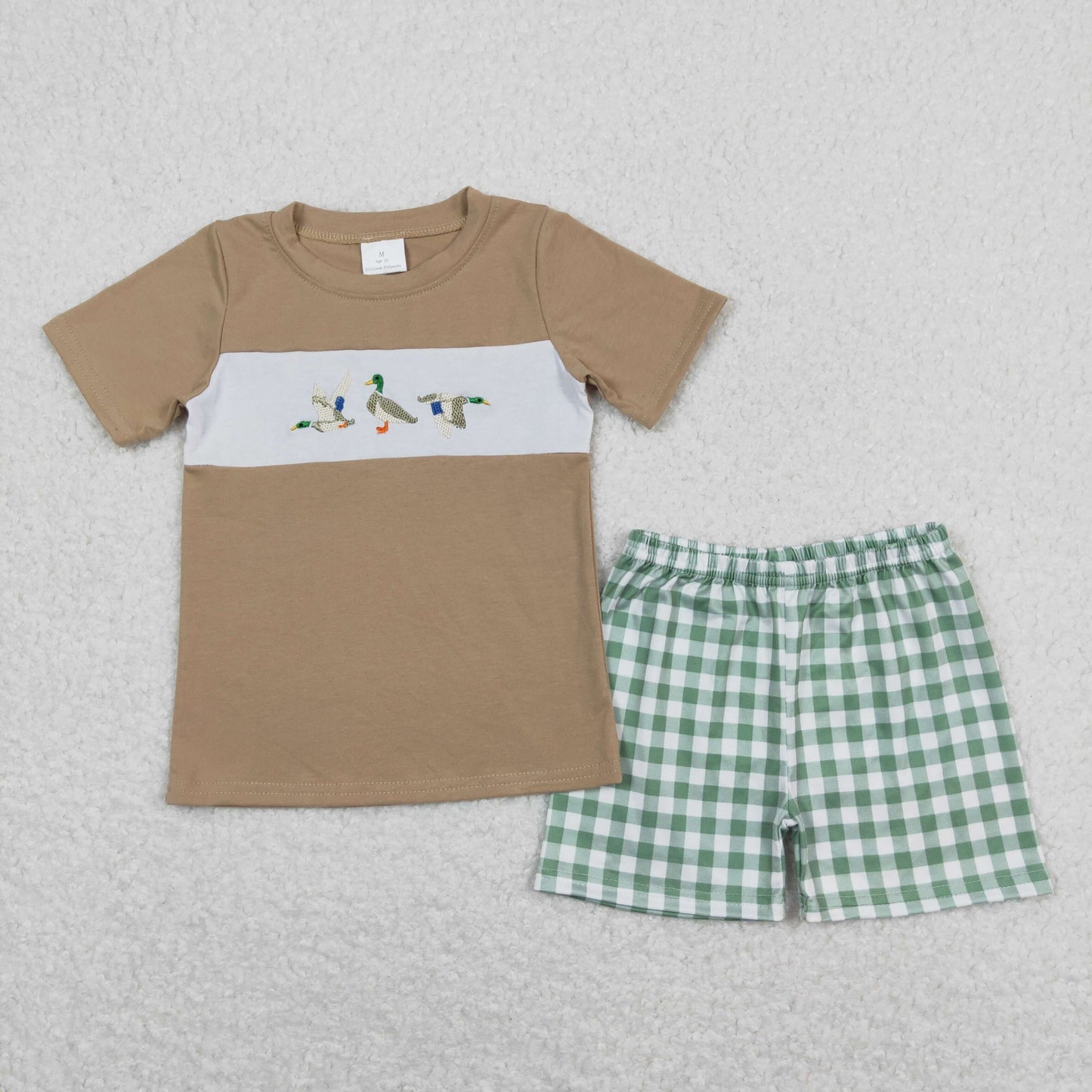 (3/6m-7/8t) RTS NO MOQ(In Stock) Embroidered duck light brown short-sleeved green and white plaid shorts suit