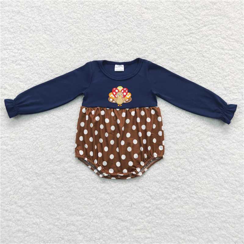 RTS NO MOQ(In Stock ) LR0605 Embroidered Turkey navy blue Long Sleeve Bodysuit