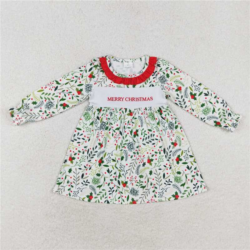 RTS NO MOQ(In Stock) GLD0579 baby clothing embroidery Christmas long sleeve dress