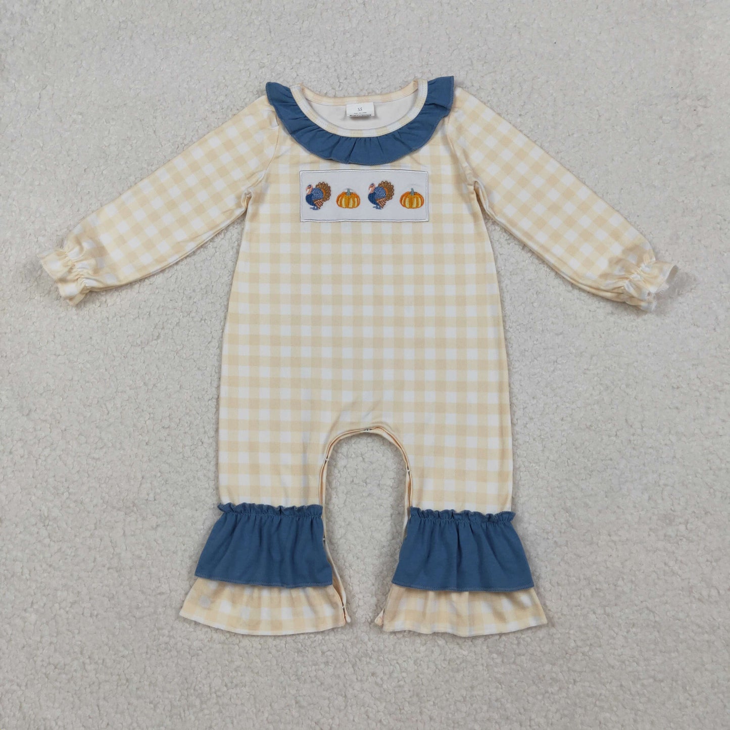 RTS NO MOQ(In Stock) LR2438 Blue embroidered turkey pumpkin lace plaid long-sleeved bodysuit