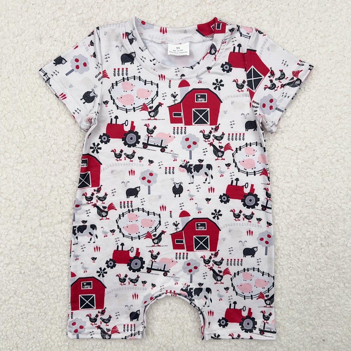 RTS SALES NO MOQ红色小房子奶牛苹果树鸡白色连体衣Red Little House Cow Apple Tree Chicken White Onesie