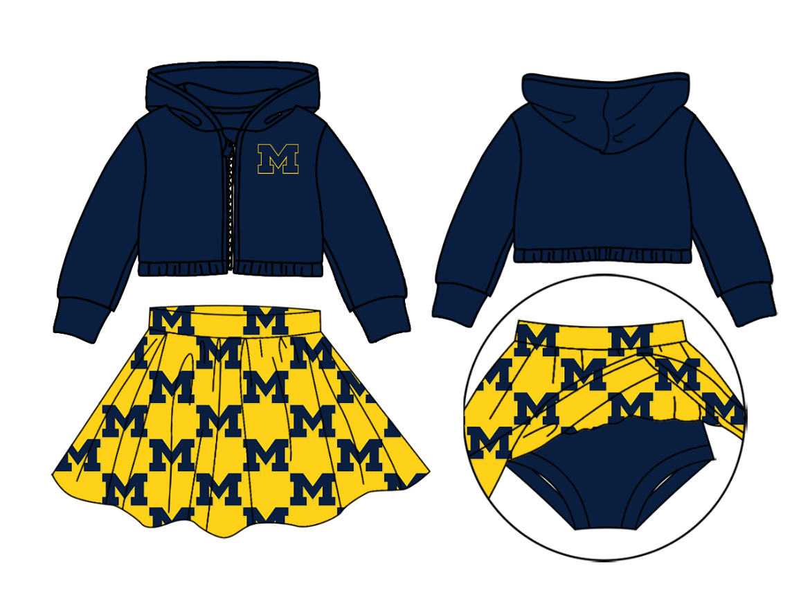 PRE ORDER Deadline August 4 close custom no moq Children's boutique clothing Long sleeve and long pants zip up suit navy yellow sets