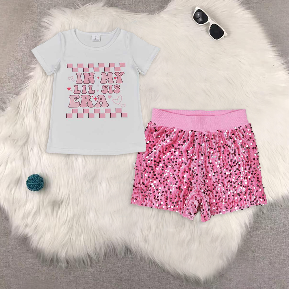 RTS NO MOQ ETA 5/7days Arrived GT0557+SS0350 in my lil sis era pink and white plaid short-sleeved top with letters sequin shorts sets