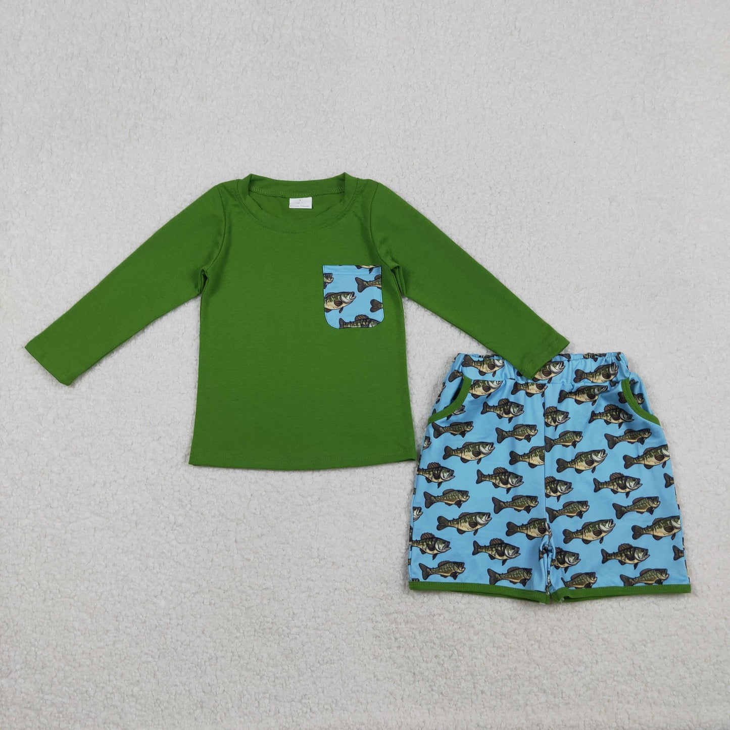 RTS NO MOQ(In Stock) BLS0010 Green long-sleeved blue shorts with fish pattern pockets