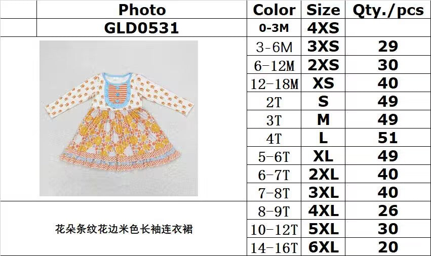 rts no moq GLD0531 Flower stripe lace beige long-sleeved dress