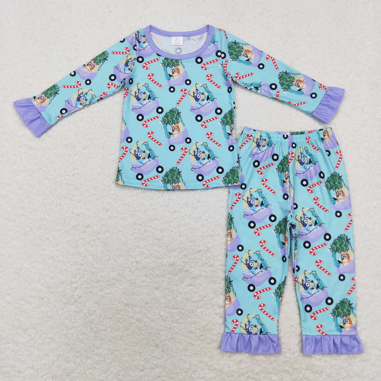 RTS NO MOQ(In Stock) GLP1535 bluey modal Christmas tree cart cane purple lace blue long-sleeved trousers pajamas set