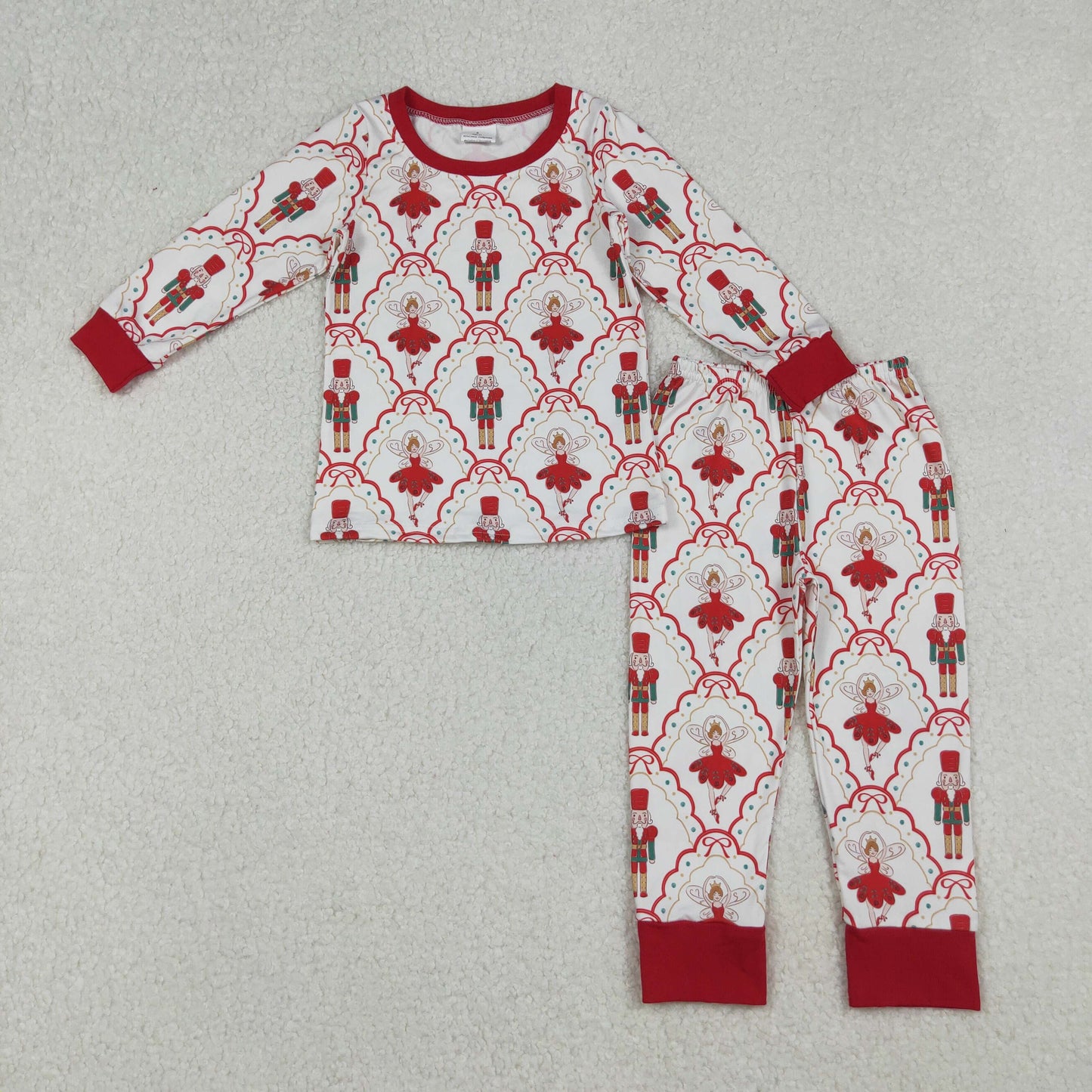 RTS NO MOQ(In Stock) 12/18m-7/8t GLP2808 Christmas Pink plaid long-sleeved trousers pajama set with a Nutcracker bow pattern