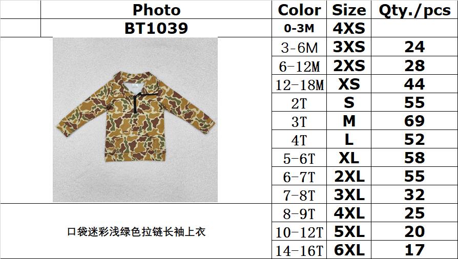 RTS NO MOQ ETA 5/7days Arrived BT1039 Pocket camouflage light green zipper long sleeve top