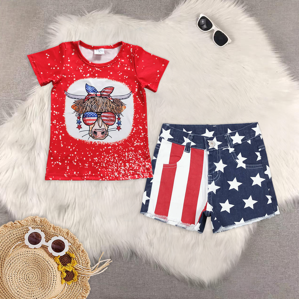 RTS NO MOQ GT0114+SS0168 america alpine cow head short-sleeved top red and white striped star blue stitching denim shorts