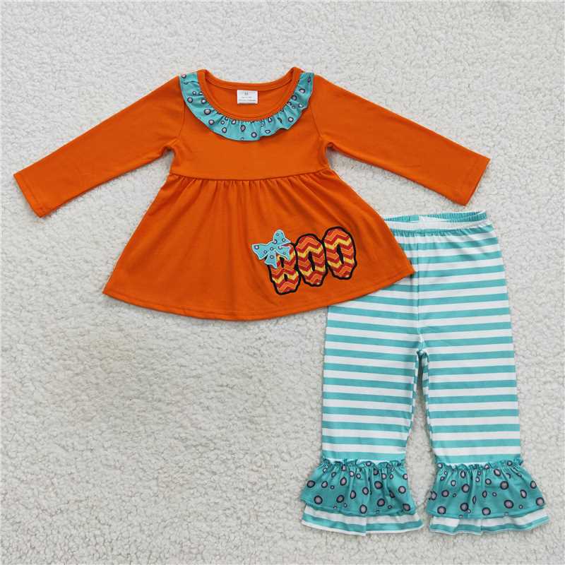 RTS NO MOQ(In Stock) GLP0721 Embroidered BOO Long Sleeve Pants Set