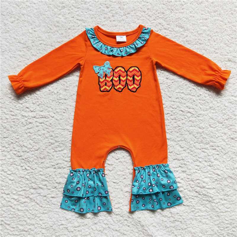 RTS NO MOQ(In Stock) LR0619 Embroidered BOO long-sleeved jumpsuit