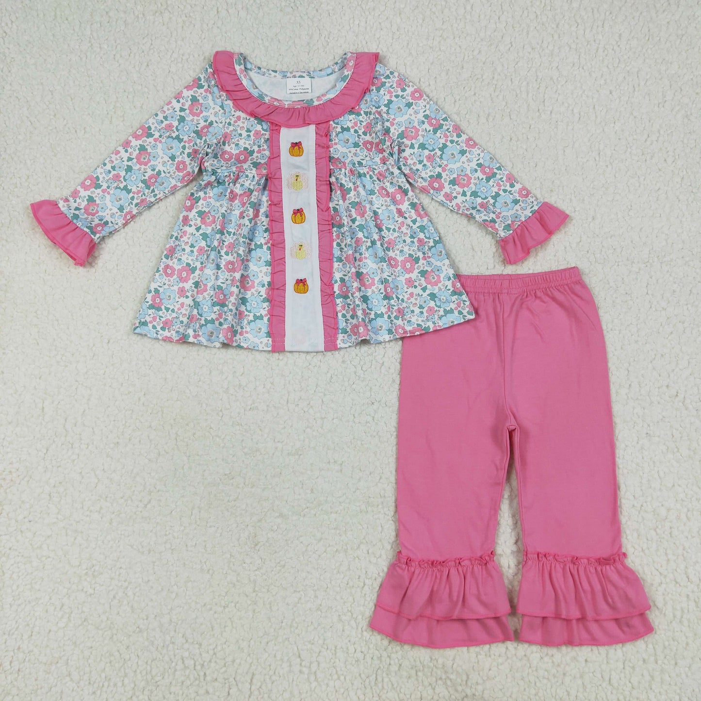 RTS NO MOQ(In Stock) GLP2352 Embroidered pumpkin turkey flower pink lace long-sleeved trousers set