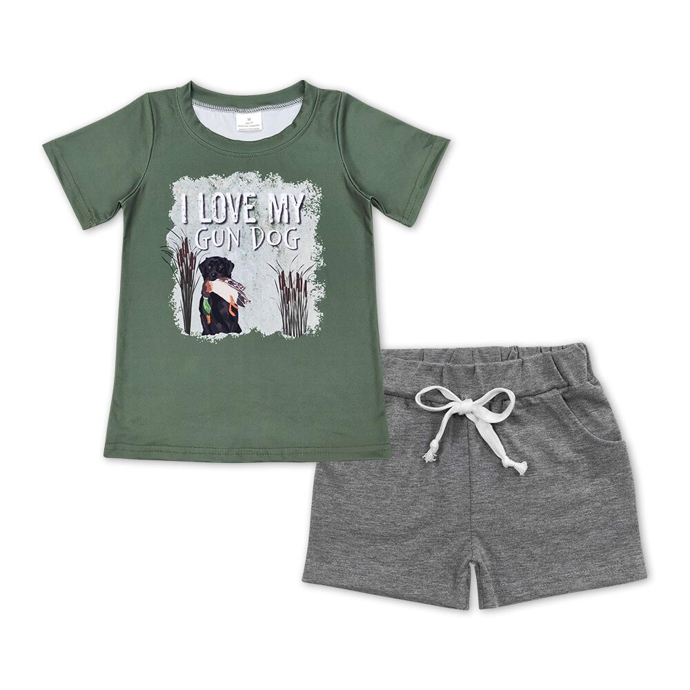 BT0413+SS0133 love my gun dog puppy green short-sleeved top Light gray pocket shorts