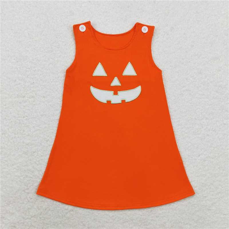 RTS NO MOQ(In Stock ) GSD1376 Halloween embroidery smiley orange sleeveless dress