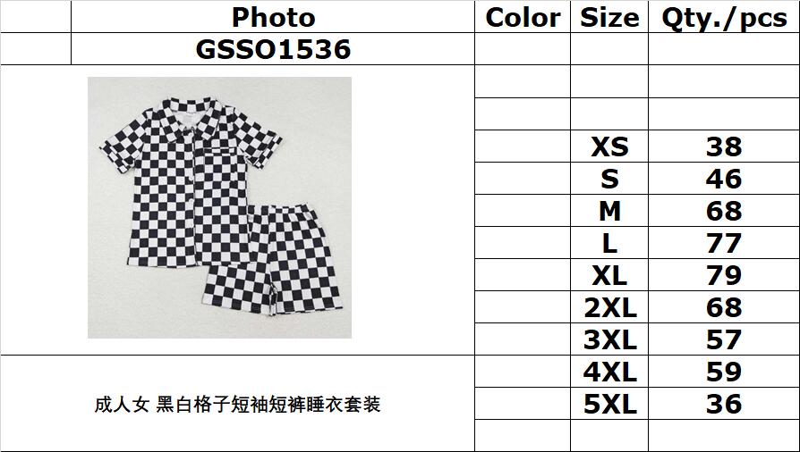 RTS NO MOQ ETA 5/7days arrived GSSO1536 Adult Female Black and White Plaid Short Sleeve Shorts Pajama Set