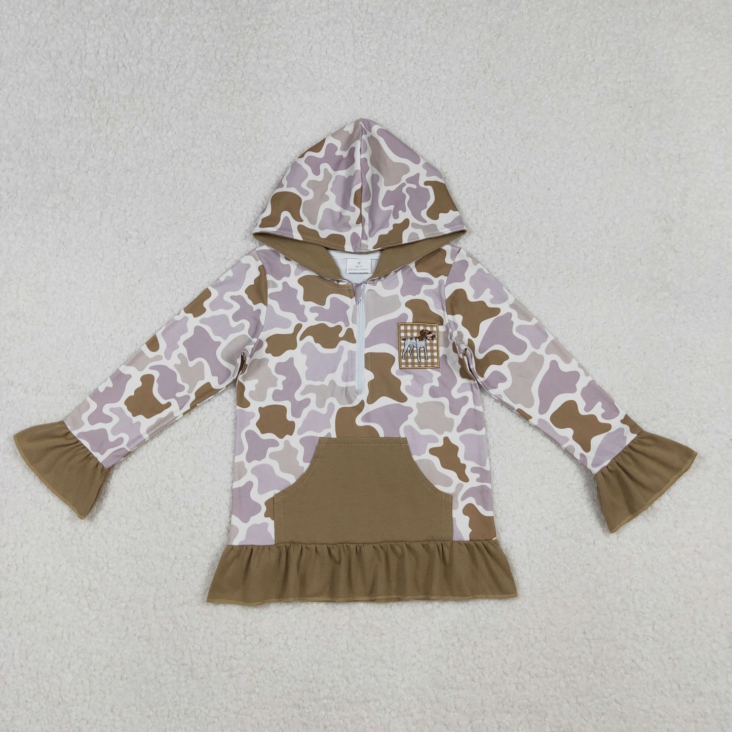RTS NO MOQ(In Stock) GT1134 Embroidery Dalmatian Camo Army Green Pocket Lace Zip Hooded Long Sleeve Top