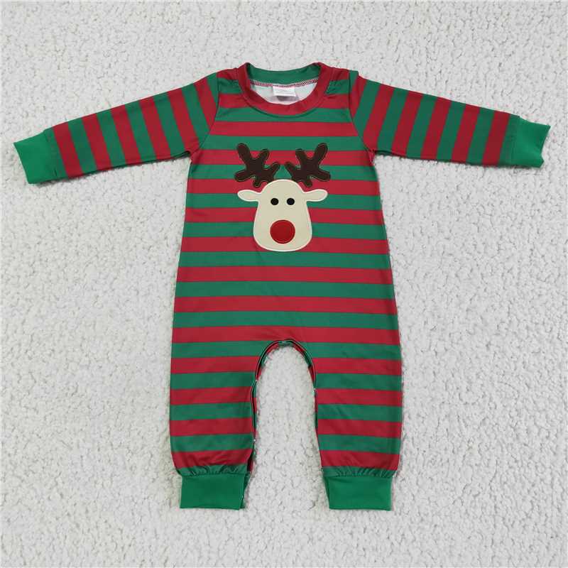 RTS NO MOQ(In Stock) LR0028 Embroidered Christmas deer green long-sleeved jumpsuit