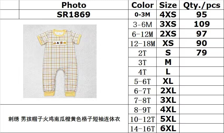 RTS no moq SR1869 Embroidery Boys Hat Turkey Pumpkin Orange and Yellow Plaid Short Sleeve Onesie