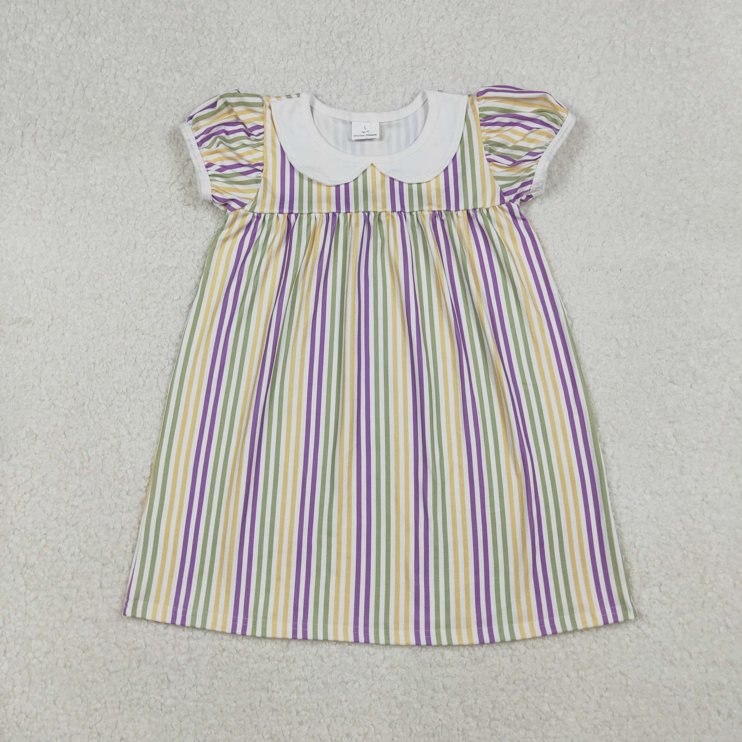 RTS NO MOQ(In Stock) GSD1571 White short-sleeved dress with a carnival stripe and a doll collar