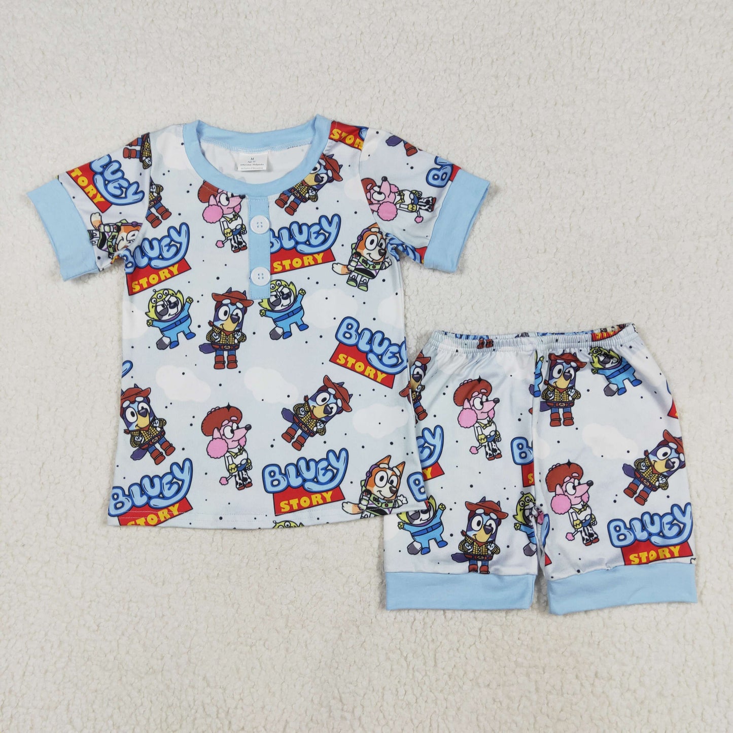 RTS NO MOQ(In Stock ) BSSO1240 cartoon dog story white cloud blue short-sleeved shorts pajamas set