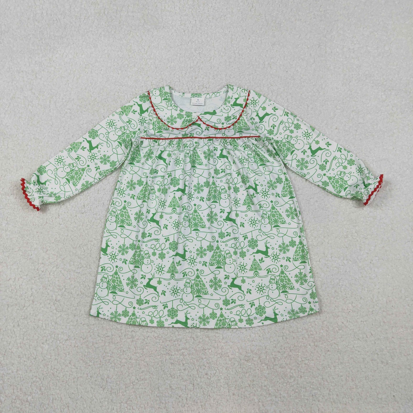 RTS NO MOQ(In Stock ) GLD1345 Christmas Tree Snowman Green and White Peter Pan Collar Long-Sleeved Dress