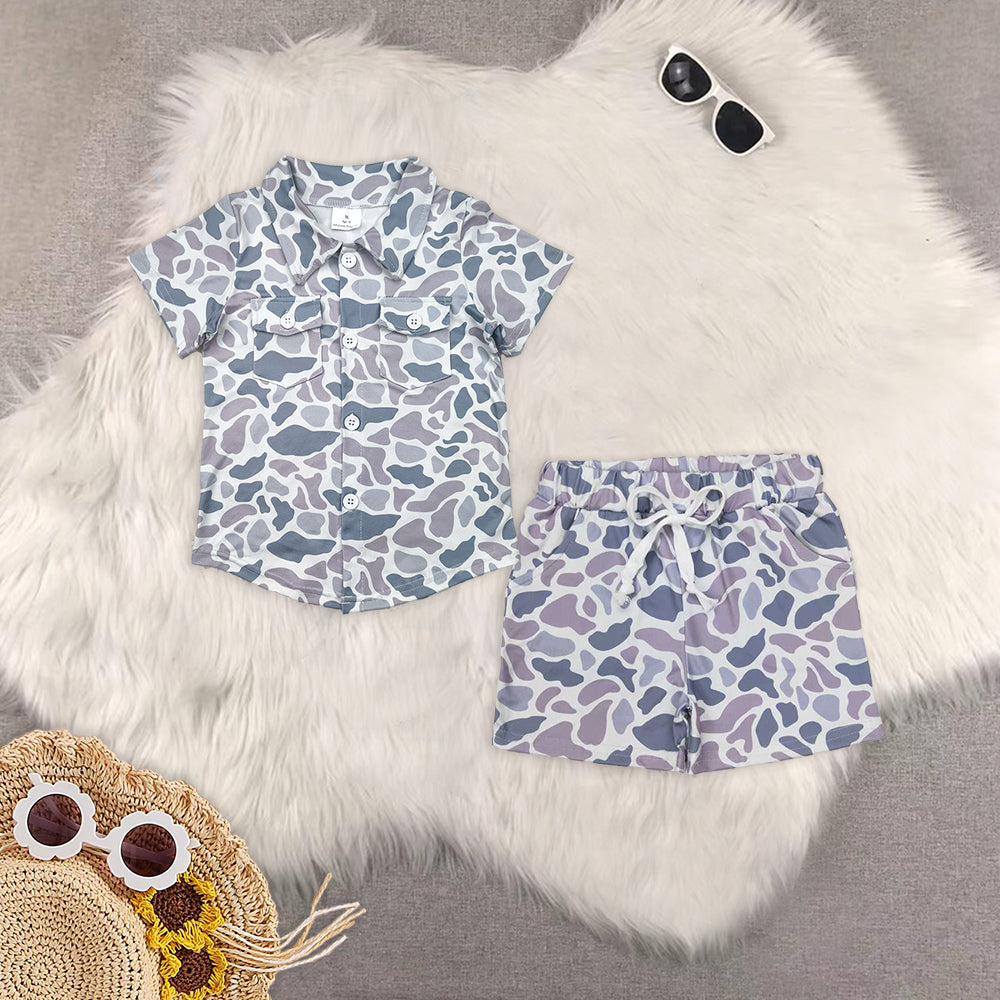 RTS NO MOQ SS0140 BT1202 Grey Camouflage Pocket Button Short Sleeve boys sets
