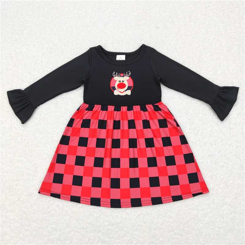 RTS NO MOQ(In Stock) GLD0423 baby clothing embroidery Christmas deer long sleeve dress