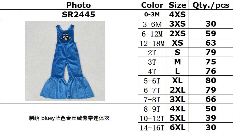 RTS NO MOQ ETA 5/7days Arrived SR2445 Embroidered bluey blue gold velvet suspender jumpsuit