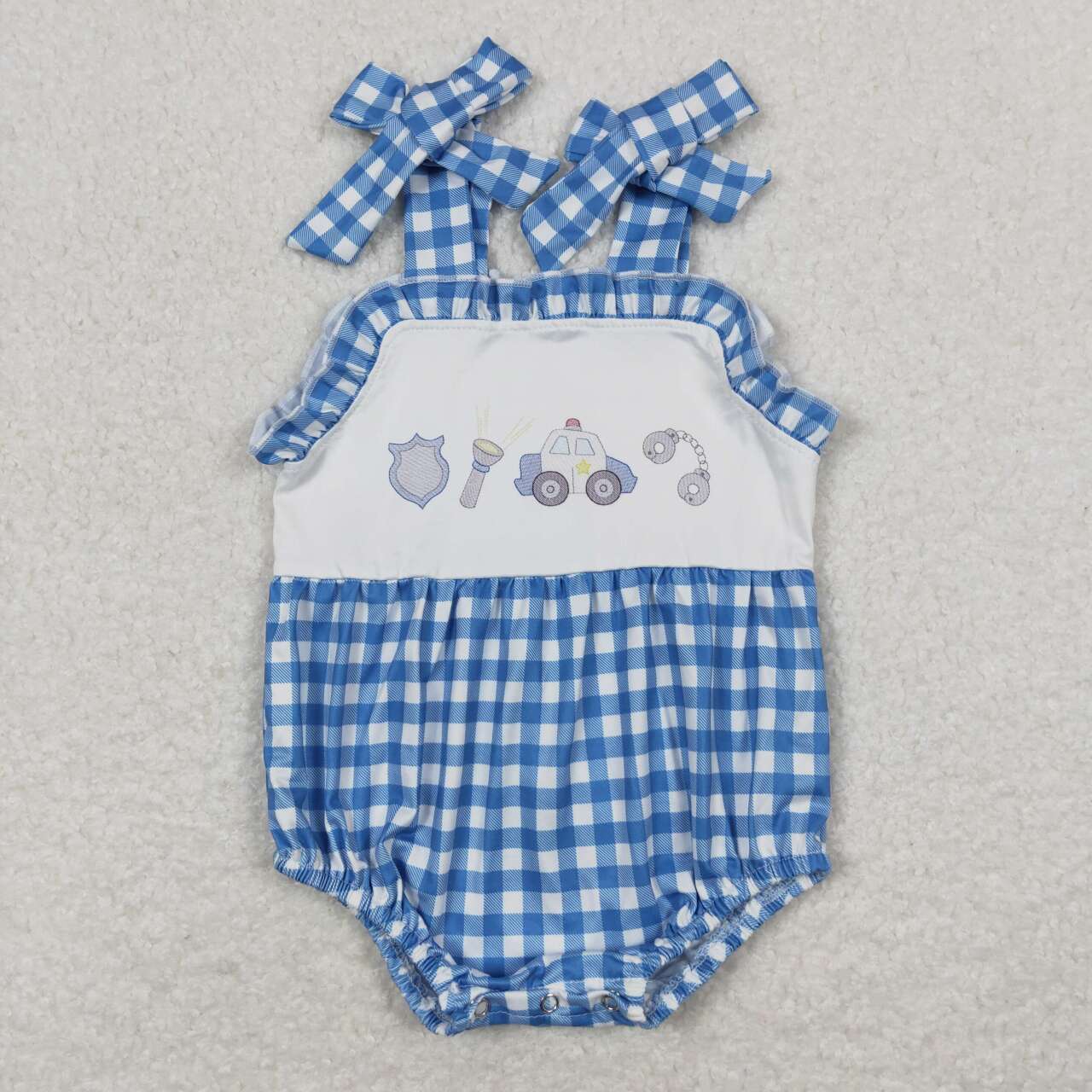 RTS NO MOQ(In Stock) police flashlight blue and white plaid lace camisole jumpsuit