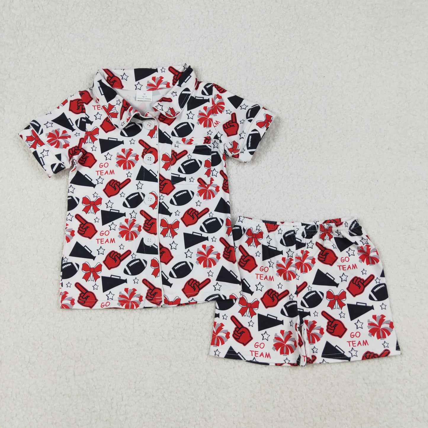 RTS NO MOQ(In Stock) GSSO2674 go Team red hand gesture trumpet star bow pattern short-sleeved shorts pajama set
