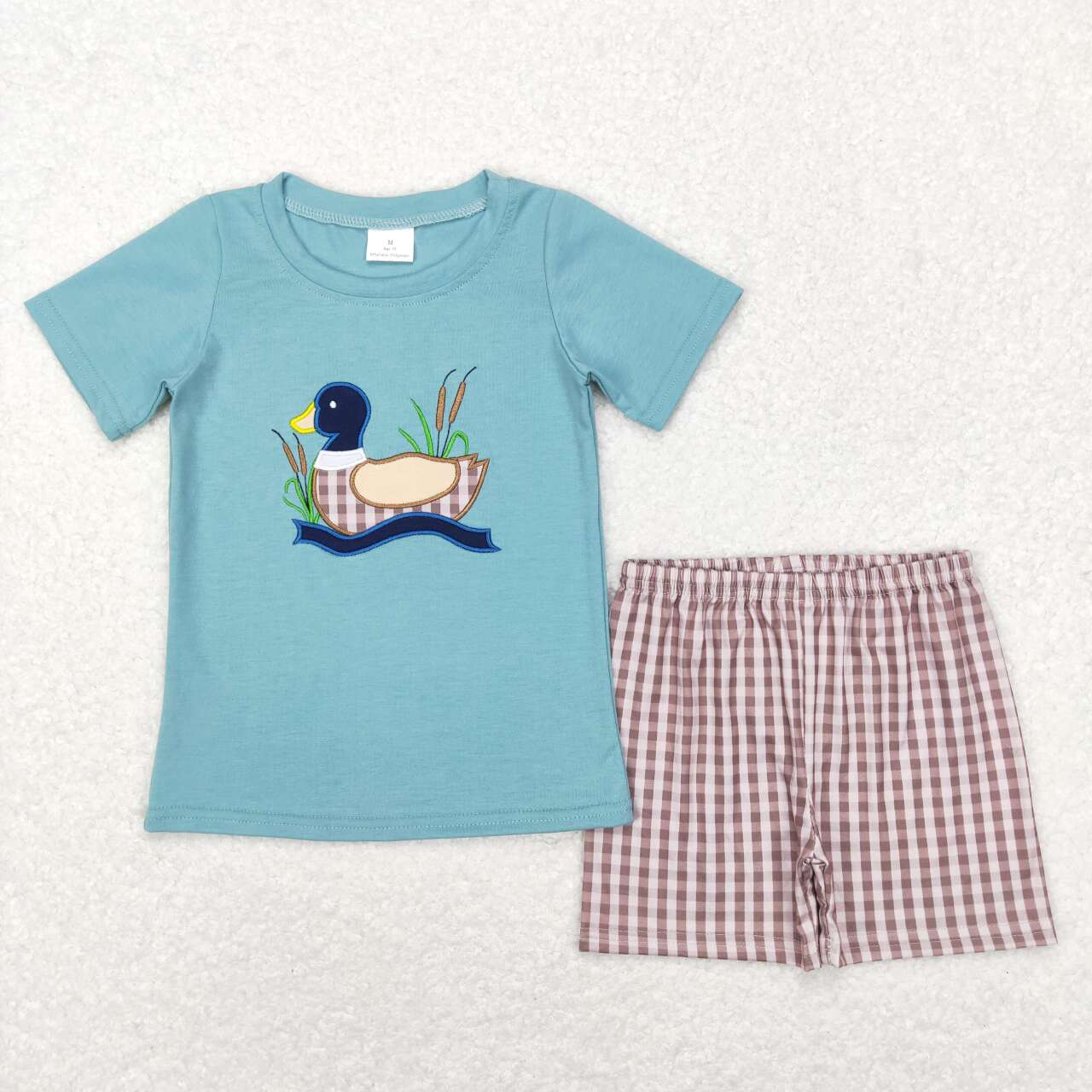 RTS NO MOQ(In Stock) Embroidered Duck Blue Short Sleeve Plaid Shorts Suit