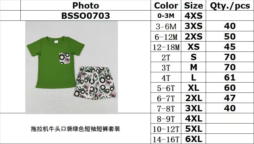 BSSO0703 Tractor Cow Head Pocket Green Short Sleeve Shorts Suit