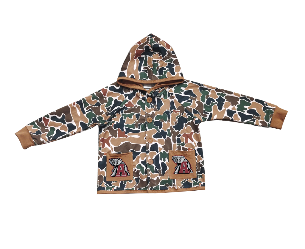 Custom moq 5 mix size milk silk baby boys clothes team summer camouflage button hooded long sleeve top-25.11.25