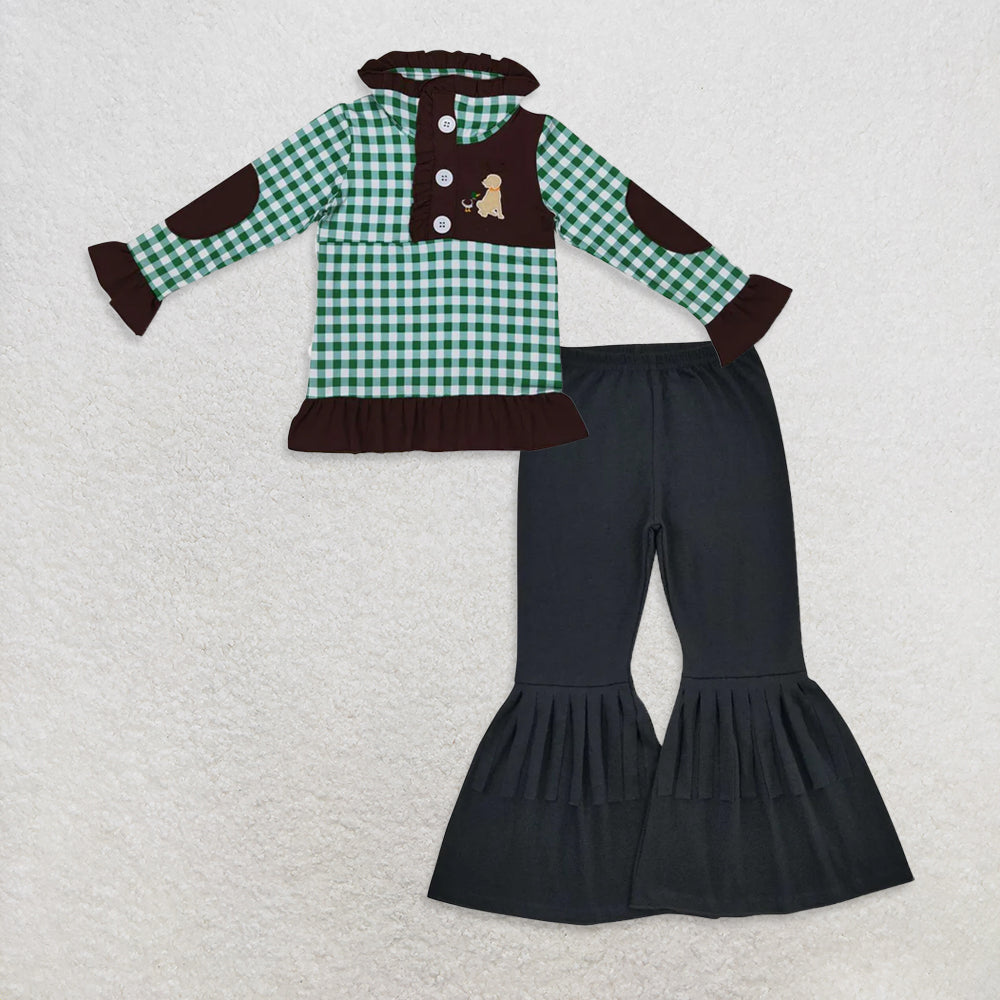 RTS NO MOQ GT0284 + P0282 Baby Girls Hunting Green Checkered Long Sleeve Elbow Pullover Tee Shirt Tops Black Cotton Fringe Ruffle Bell Pants