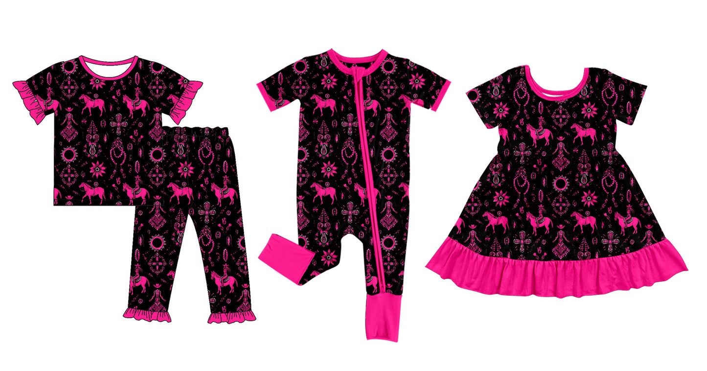 25.11.25 custom each style moq 5 eta 6-8week Sibling Sisters horse baby girl short sleeve pants sets and dress and rompers match family design