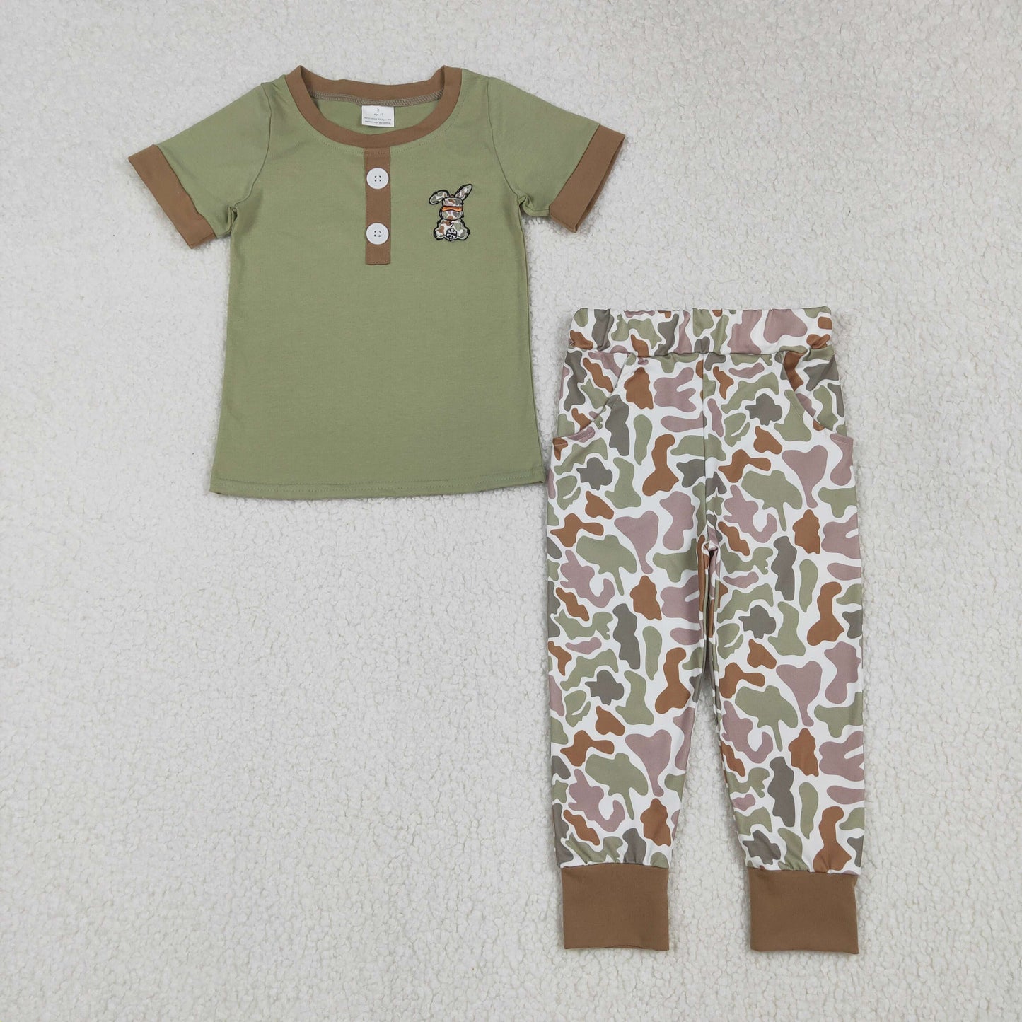 RTS NO MOQ(In Stock) BSPO0603 Embroidered Hat Camouflage Rabbit Button Short-Sleeve Pants Set