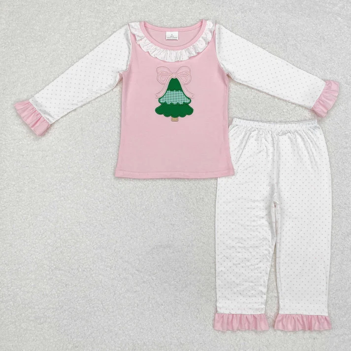 RTS NO MOQ Sibling Baby boy girl clothes Embroidery Christmas trees long-sleeved trousers suits