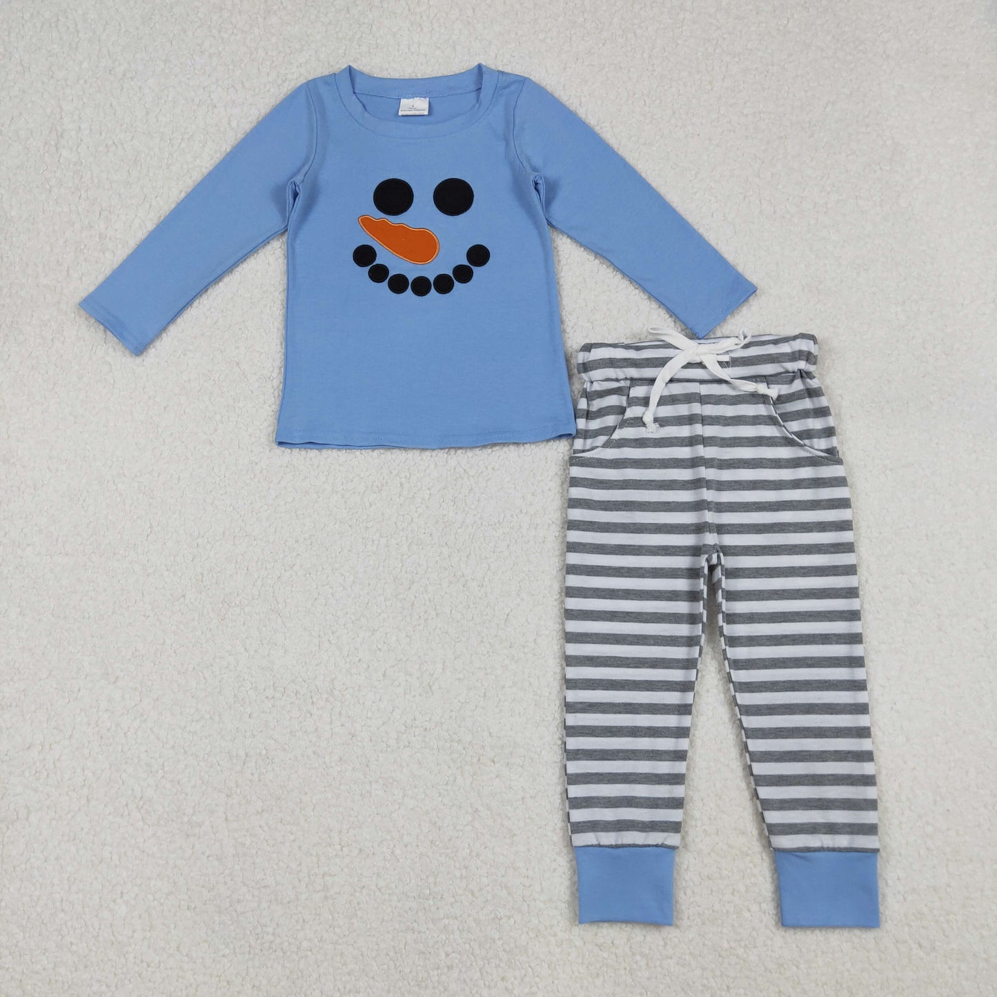 RTS NO MOQ(In Stock) BLP1231 Embroidered Christmas Snowman Face Blue Long-Sleeved Gray and White Striped Pantsuit