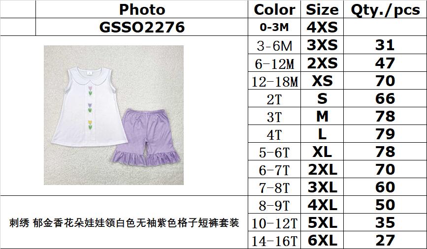 RTS NO MOQ GSSO2276 Embroidery Tulip flower doll collar white sleeveless purple plaid shorts suit