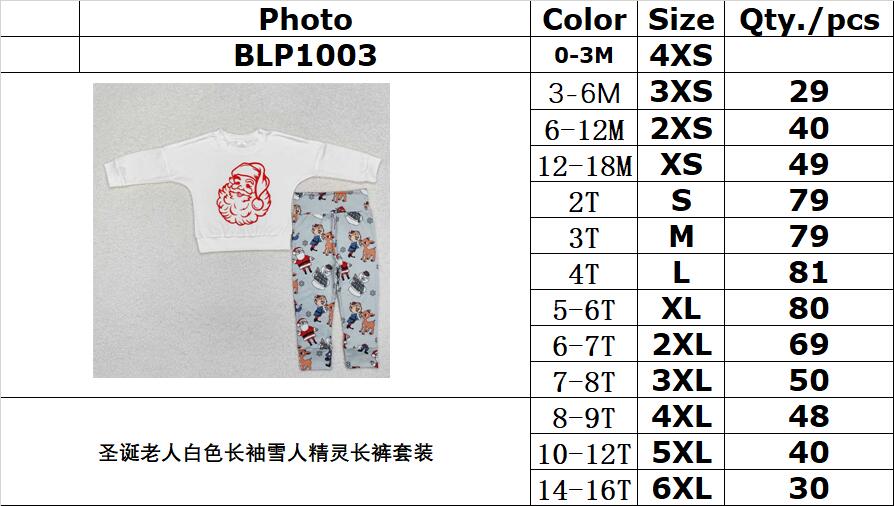 RTS NO MOQ ETA 5/7days Arrived BLP1003 Santa Claus white long-sleeved snowman elf trousers set