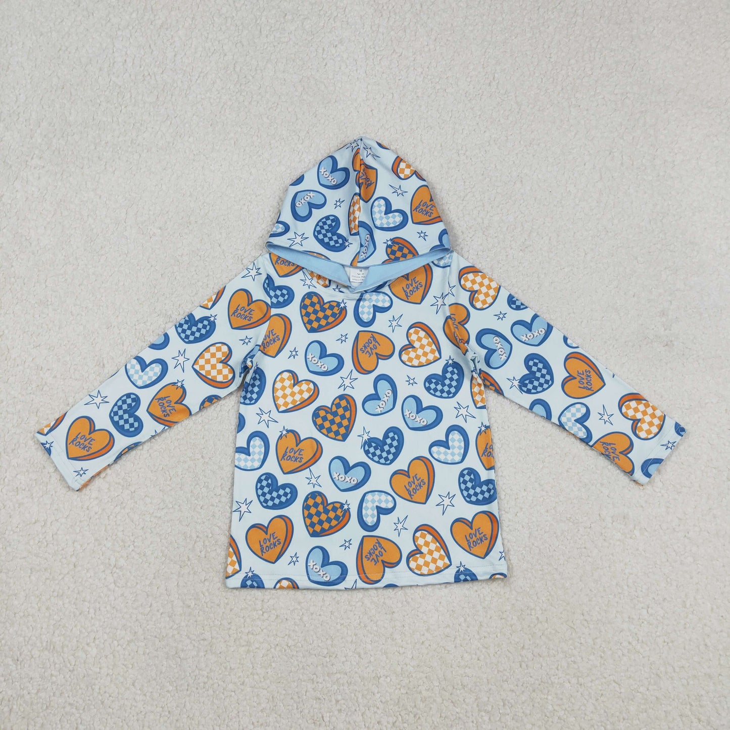 RTS NO MOQ(In Stock) xoxo Letter Heart Blue Hooded Long-Sleeve Top