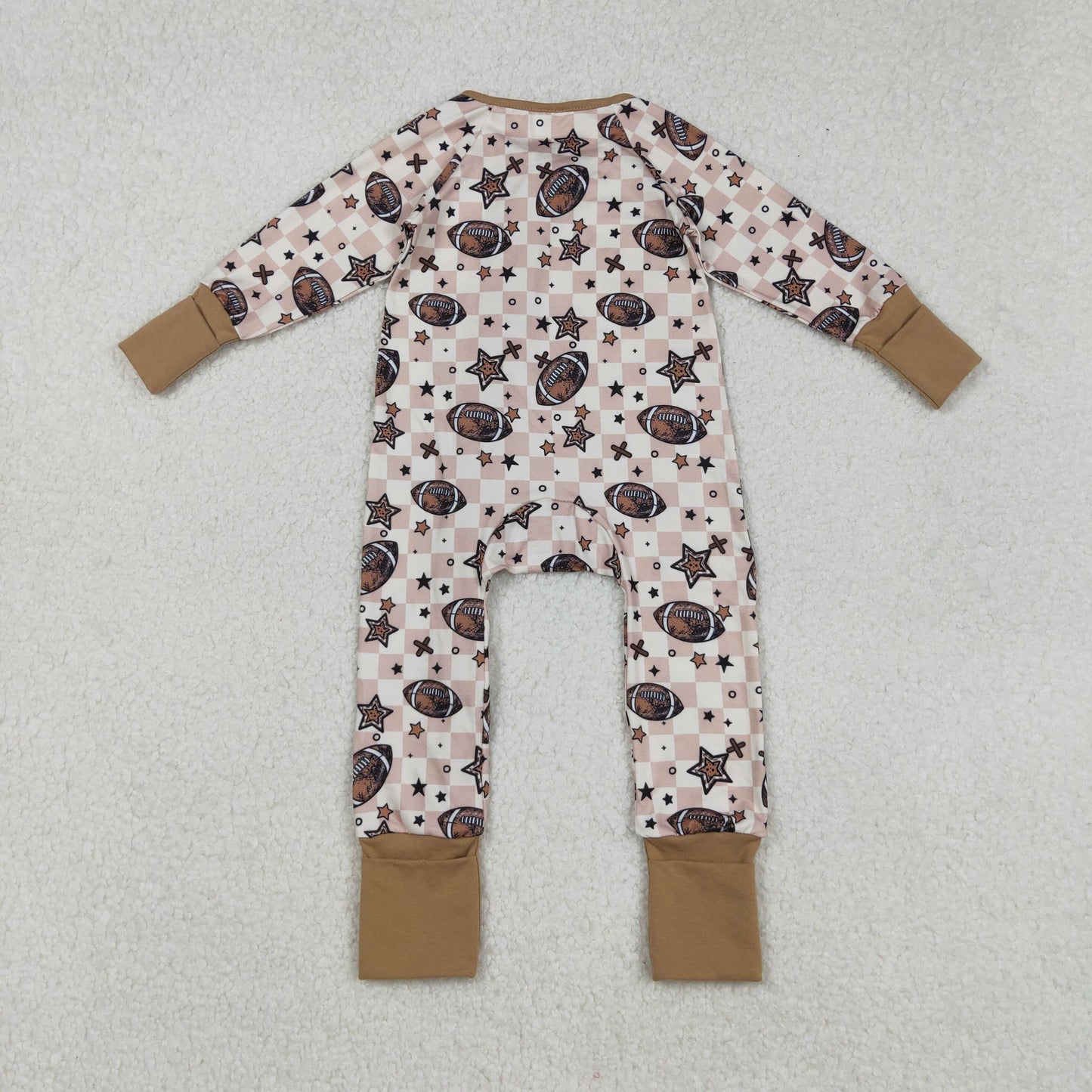 RTS NO MOQ(In Stock) LR2548 Football Star Brown Plaid Zipper Long-Sleeved Bodysuit