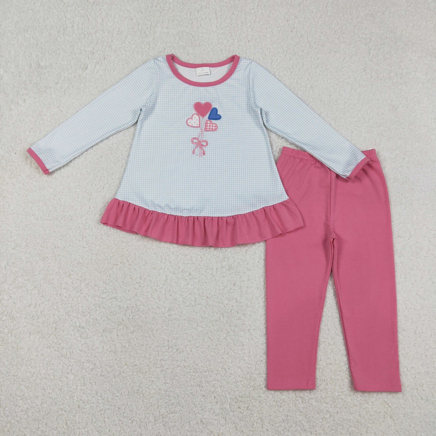 RTS NO MOQ(In Stock) Embroidered Heart, Balloon, Bow, Plaid Long-Sleeved Pants Set